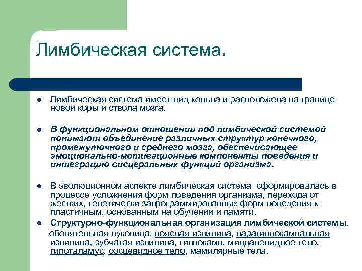 Лимбическая система. l Лимбическая система имеет вид кольца и расположена на границе новой коры