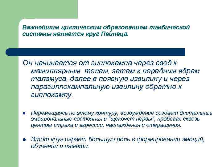 Важнейшим циклическим образованием лимбической системы является круг Пейпеца. Он начинается от гиппокампа через свод