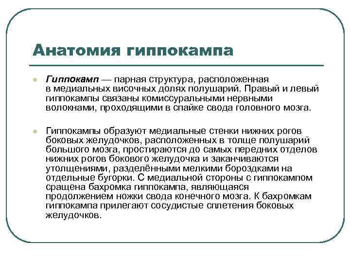 Анатомия гиппокампа l Гиппокамп — парная структура, расположенная в медиальных височных долях полушарий. Правый
