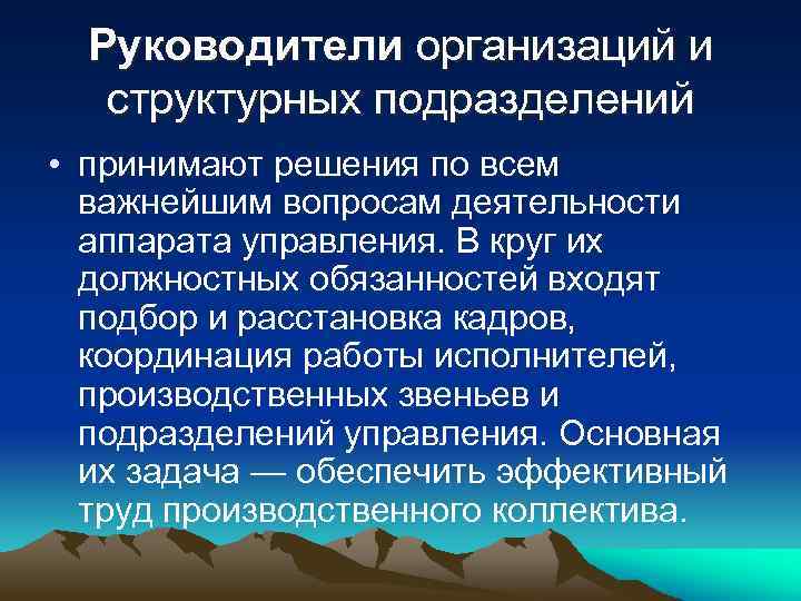 Руководители организаций и структурных подразделений • принимают решения по всем важнейшим вопросам деятельности аппарата