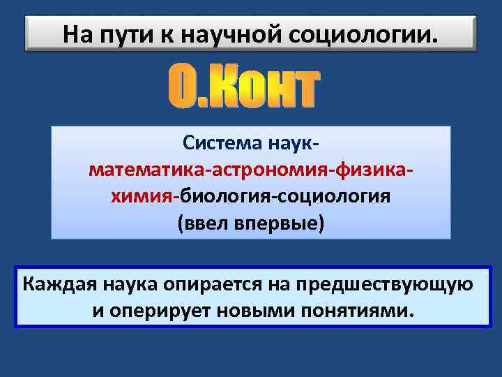 На пути к научной социологии. Система наукматематика-астрономия-физикахимия-биология-социология (ввел впервые) Каждая наука опирается на предшествующую