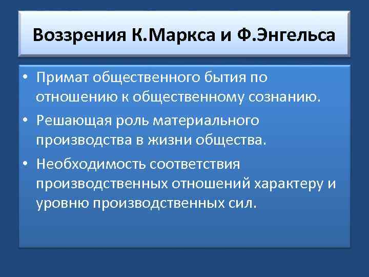 Воззрения К. Маркса и Ф. Энгельса • Примат общественного бытия по отношению к общественному