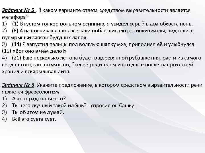 Задание № 5. В каком варианте ответа средством выразительности является метафора? 1) (1) В