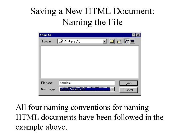 Saving a New HTML Document: Naming the File All four naming conventions for naming