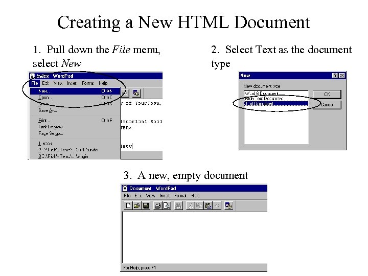 Creating a New HTML Document 1. Pull down the File menu, select New 2.