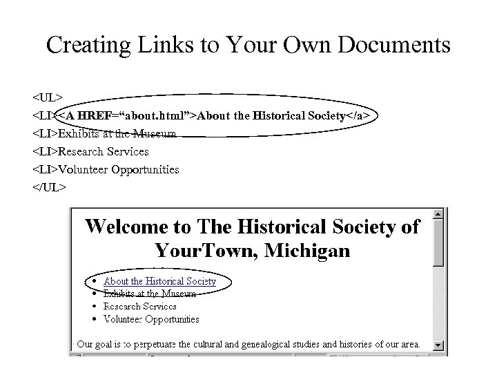 Creating Links to Your Own Documents <UL> <LI><A HREF=“about. html”>About the Historical Society</a> <LI>Exhibits