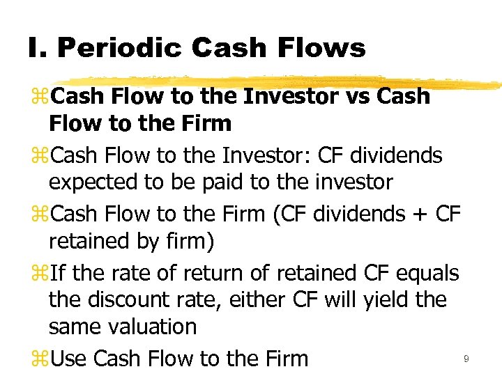 I. Periodic Cash Flows z. Cash Flow to the Investor vs Cash Flow to