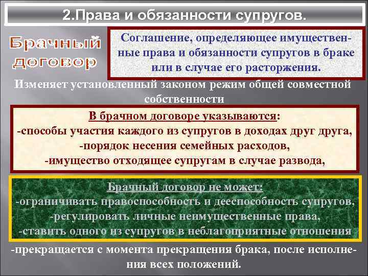 2. Права и обязанности супругов. Соглашение, определяющее имущественные права и обязанности супругов в браке