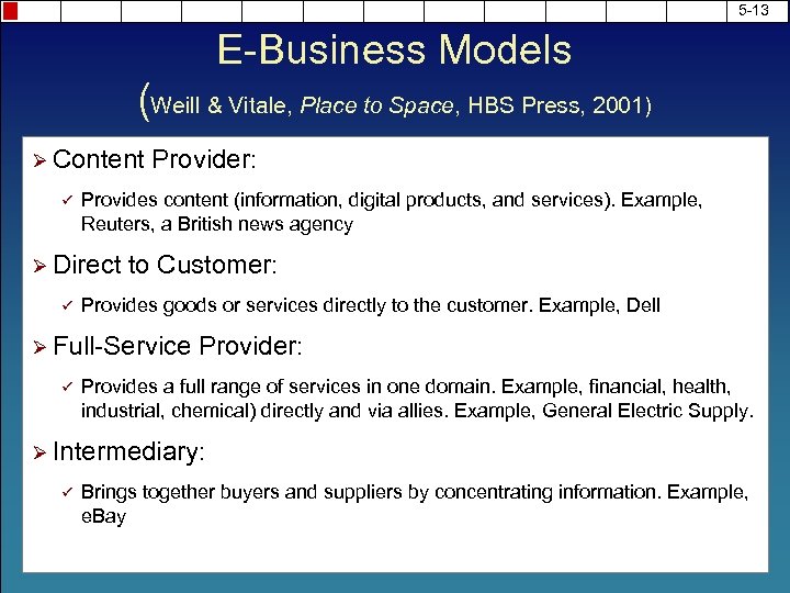 5 -13 E-Business Models (Weill & Vitale, Place to Space, HBS Press, 2001) Ø
