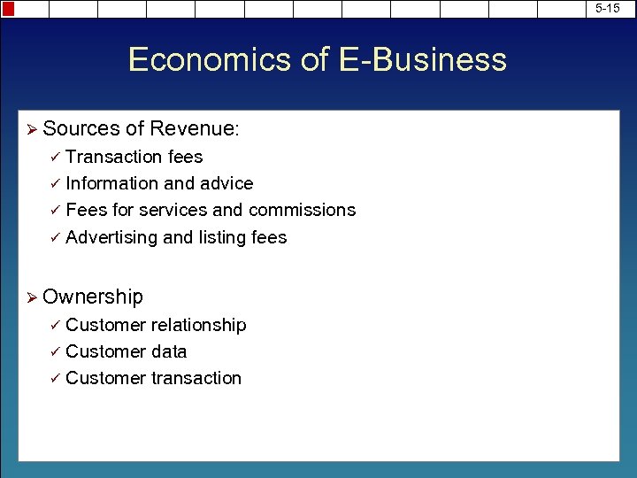 5 -15 Economics of E-Business Ø Sources of Revenue: Transaction fees ü Information and