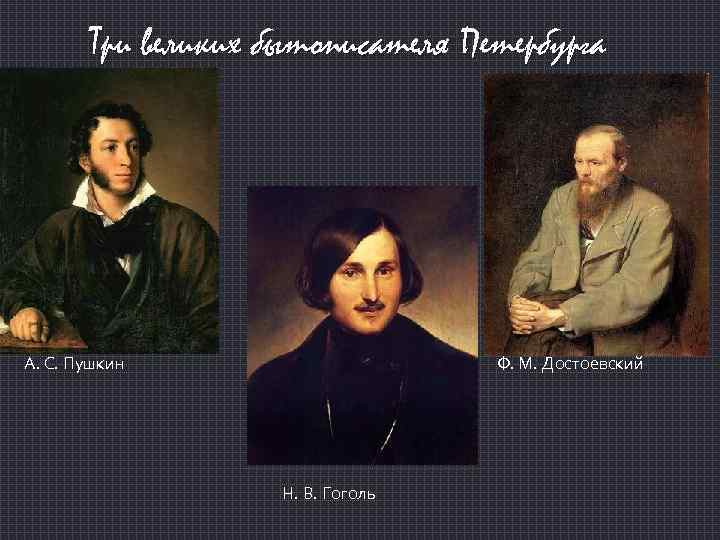 Три великих бытописателя Петербурга А. С. Пушкин Ф. М. Достоевский Н. В. Гоголь 