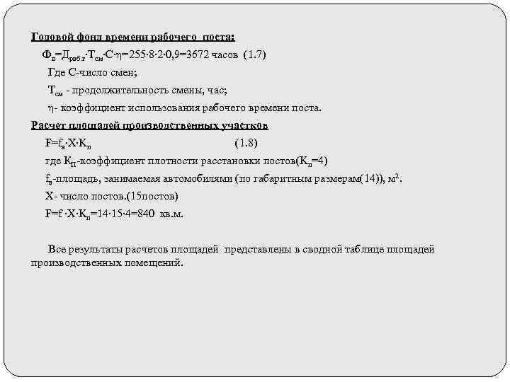 Годовой фонд времени рабочего поста: Фп=Драб. г∙Тсм∙С∙η=255∙ 8∙ 2∙ 0, 9=3672 часов (1. 7)