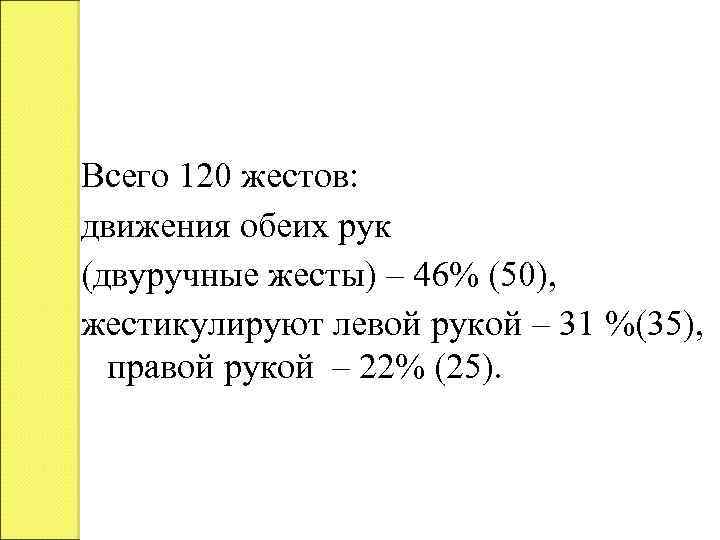Всего 120 жестов: движения обеих рук (двуручные жесты) ‒ 46% (50), жестикулируют левой рукой