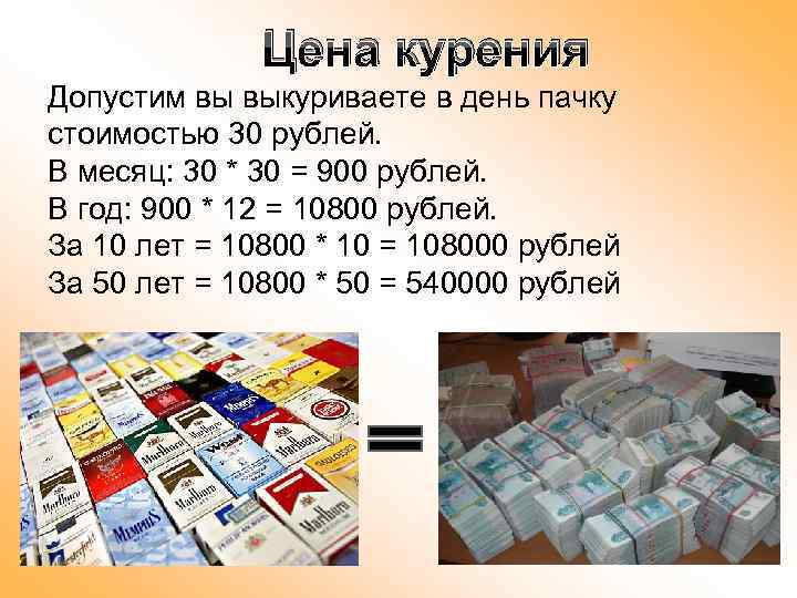 Цена курения Допустим вы выкуриваете в день пачку стоимостью 30 рублей. В месяц: 30