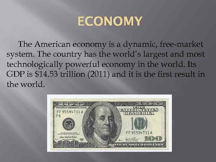 ECONOMY The American economy is a dynamic, free market system. The country has the