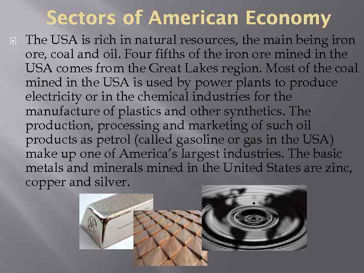 Sectors of American Economy The USA is rich in natural resources, the main being