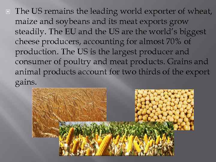  The US remains the leading world exporter of wheat, maize and soybeans and