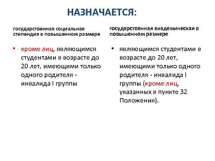 НАЗНАЧАЕТСЯ: государственная социальная стипендия в повышенном размере • кроме лиц, являющимся студентами в возрасте