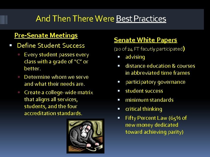 And Then There Were Best Practices Pre-Senate Meetings Define Student Success Every student passes