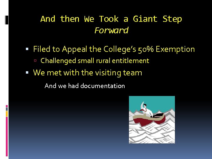 And then We Took a Giant Step Forward Filed to Appeal the College’s 50%