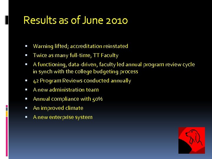 Results as of June 2010 Warning lifted; accreditation reinstated Twice as many full-time, TT