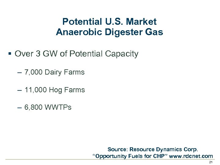 Potential U. S. Market Anaerobic Digester Gas § Over 3 GW of Potential Capacity