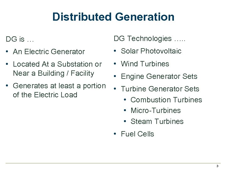 Distributed Generation DG is … DG Technologies …. . • An Electric Generator •