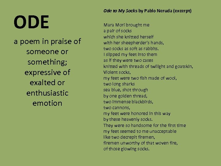 ODE a poem in praise of someone or something; expressive of exalted or enthusiastic