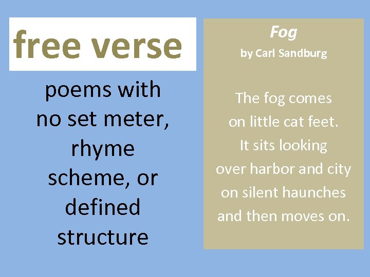 free verse poems with no set meter, rhyme scheme, or defined structure Fog by