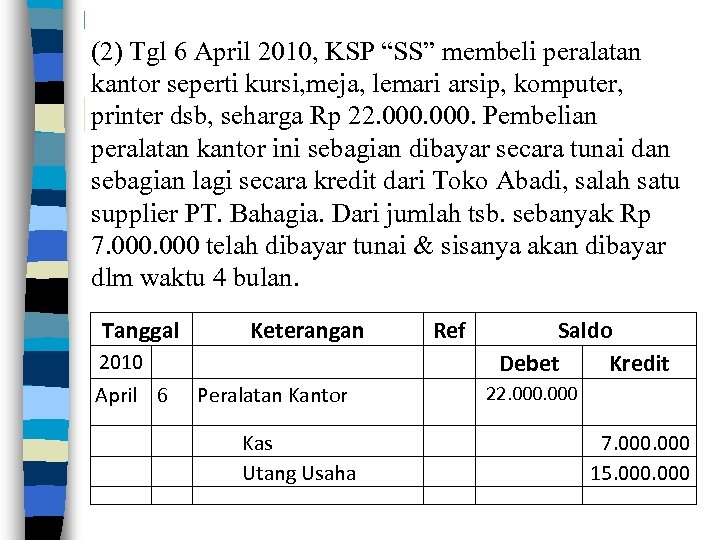 (2) Tgl 6 April 2010, KSP “SS” membeli peralatan kantor seperti kursi, meja, lemari