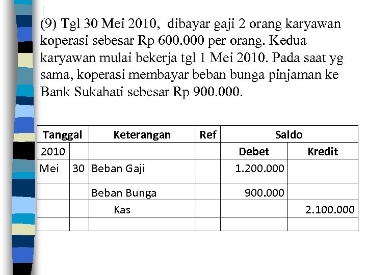 (9) Tgl 30 Mei 2010, dibayar gaji 2 orang karyawan koperasi sebesar Rp 600.