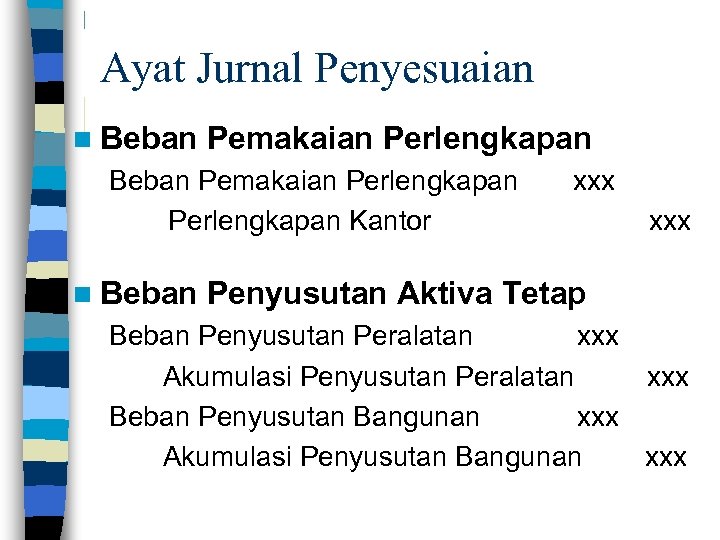 Ayat Jurnal Penyesuaian n Beban Pemakaian Perlengkapan Kantor n Beban xxx Penyusutan Aktiva Tetap