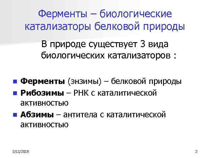 Ферменты – биологические катализаторы белковой природы В природе существует 3 вида биологических катализаторов :