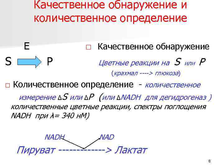 Качественное обнаружение и количественное определение E S □ Качественное обнаружение P Цветные реакции на