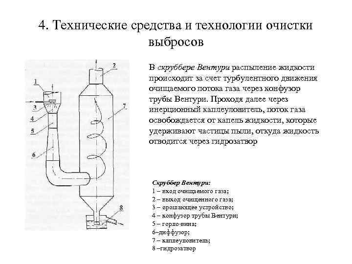 4. Технические средства и технологии очистки выбросов В скруббере Вентури распыление жидкости происходит за