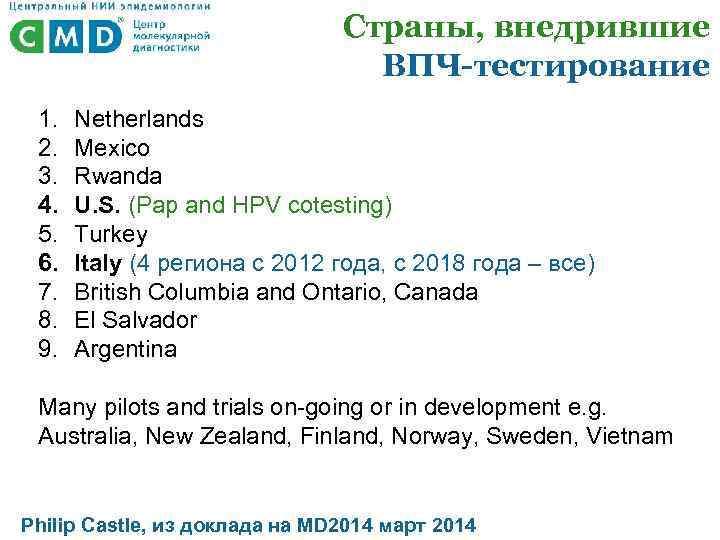 Страны, внедрившие ВПЧ-тестирование 1. 2. 3. 4. 5. 6. 7. 8. 9. Netherlands Mexico