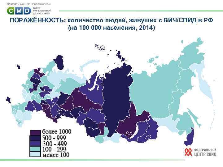 ПОРАЖЁННОСТЬ: количество людей, живущих с ВИЧ/СПИД в РФ ПОРАЖЁННОСТЬ: (на 100 000 населения, 2014)