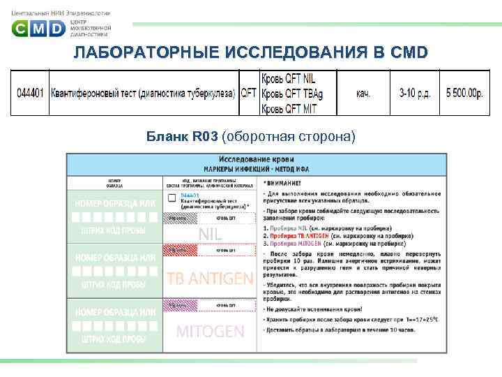 ЛАБОРАТОРНЫЕ ИССЛЕДОВАНИЯ В CMD Бланк R 03 (оборотная сторона) 