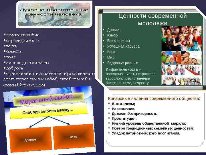  • человеколюбие • справедливость • честь • совесть • воля • личное достоинство