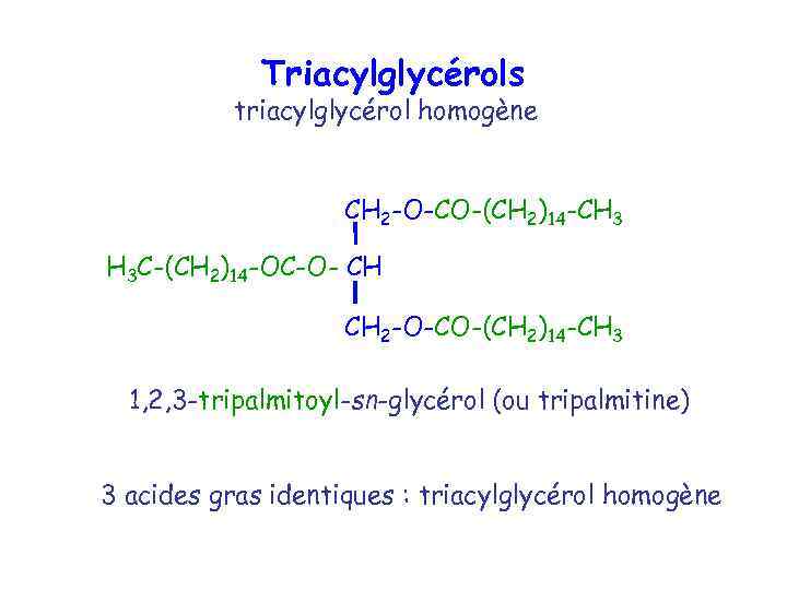 Triacylglycérols triacylglycérol homogène CH 2 -O-CO-(CH 2)14 -CH 3 H 3 C-(CH 2)14 -OC-O-