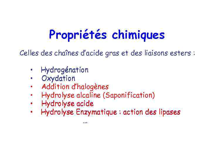Propriétés chimiques Celles des chaînes d’acide gras et des liaisons esters : • •
