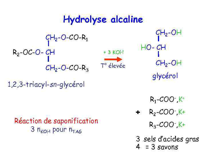 Hydrolyse alcaline CH 2 -OH CH 2 -O-CO-R 1 R 2 -OC-O- CH CH
