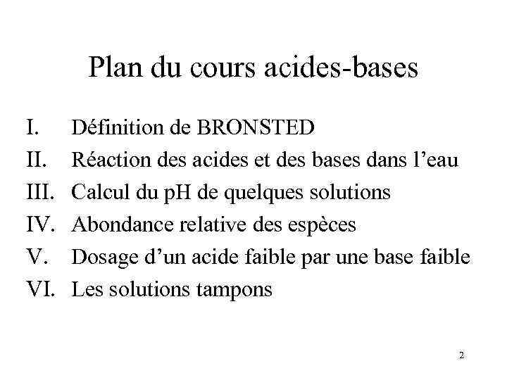 Plan du cours acides-bases I. III. IV. V. VI. Définition de BRONSTED Réaction des