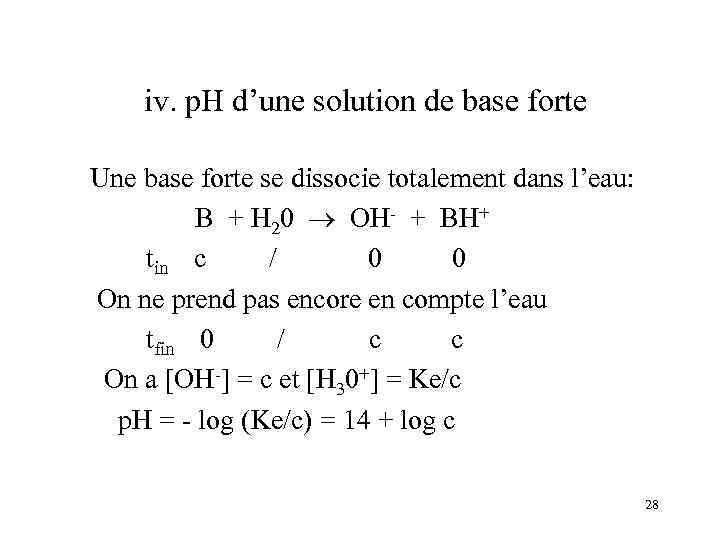 iv. p. H d’une solution de base forte Une base forte se dissocie totalement