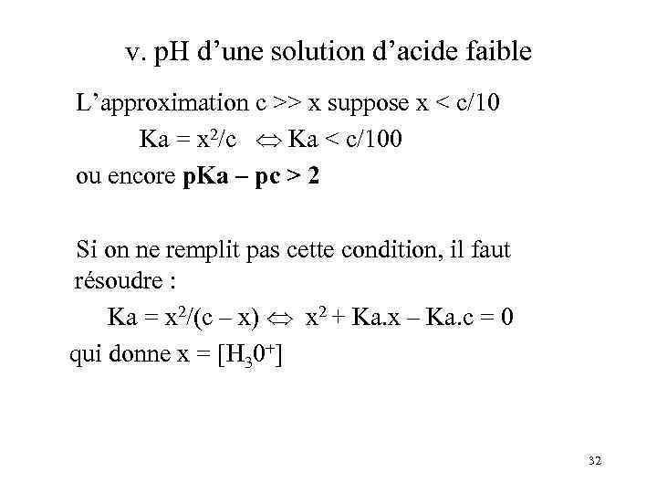 v. p. H d’une solution d’acide faible L’approximation c >> x suppose x <