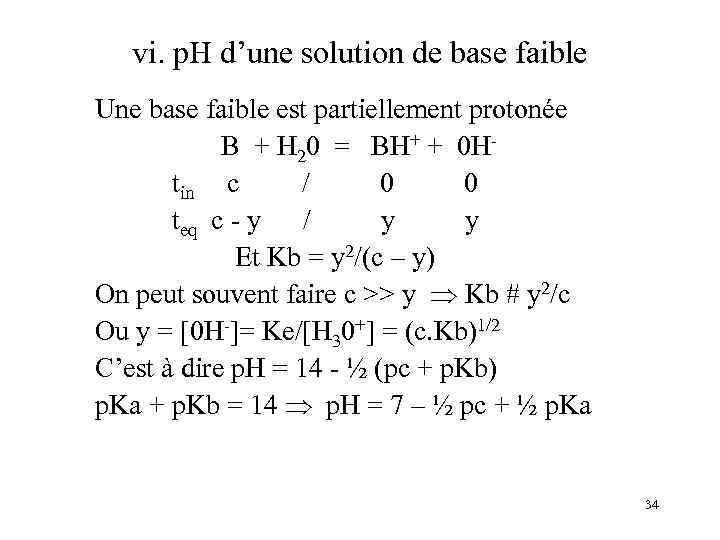 vi. p. H d’une solution de base faible Une base faible est partiellement protonée