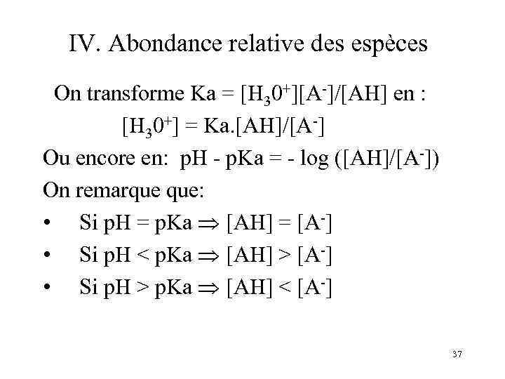 IV. Abondance relative des espèces On transforme Ka = [H 30+][A-]/[AH] en : [H