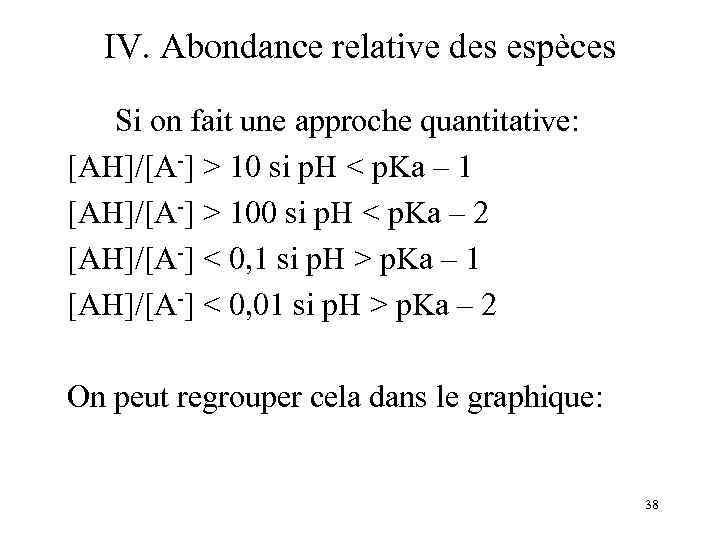 IV. Abondance relative des espèces Si on fait une approche quantitative: [AH]/[A-] > 10