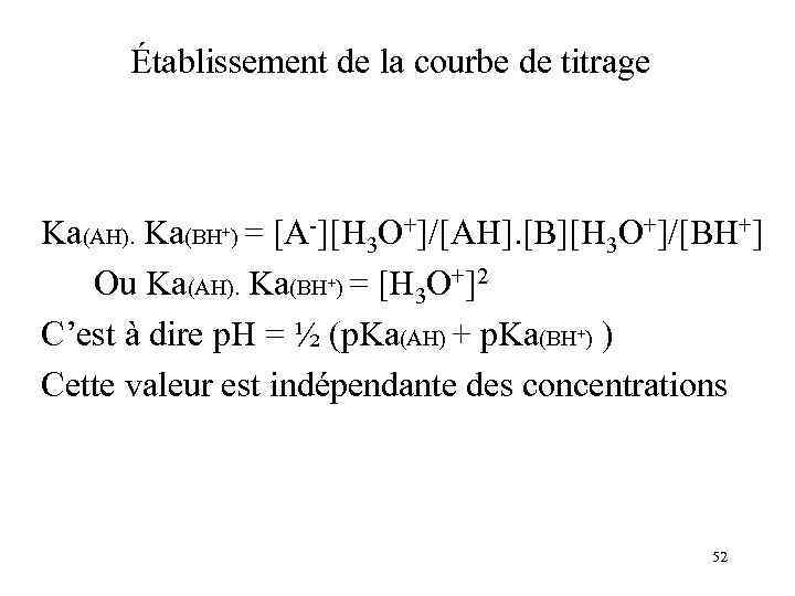 Établissement de la courbe de titrage Ka(AH). Ka(BH+) = [A-][H 3 O+]/[AH]. [B][H 3