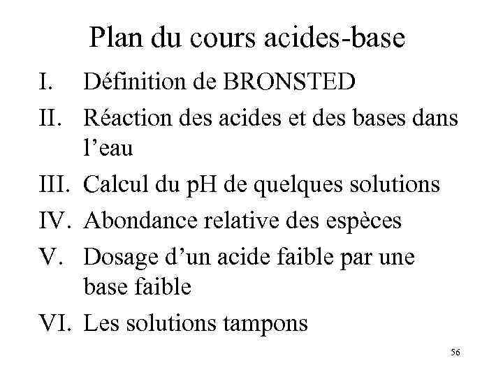 Plan du cours acides-base I. Définition de BRONSTED II. Réaction des acides et des